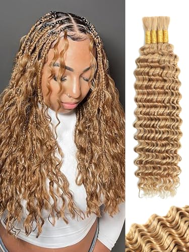 Honey Blonde Human Braiding Hair #27 16 Inch Deep Wave Bulk Bundles for Boho Braids