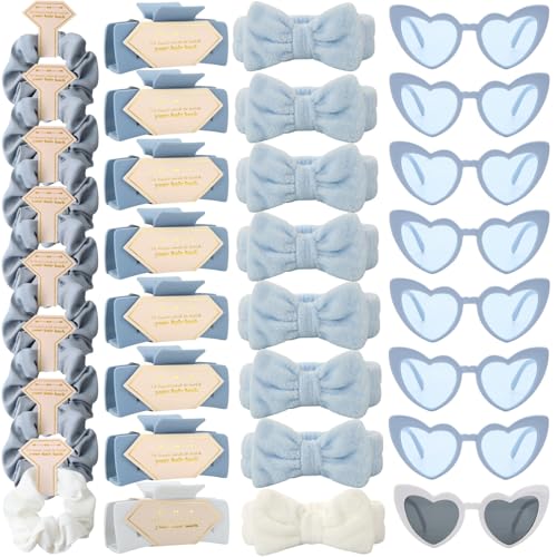 White & Dusty Blue Headband 32pcs - Bridesmaid Scrunchies, Hair Clips & Sunglasses Set for Wedding & Bachelorette Favors