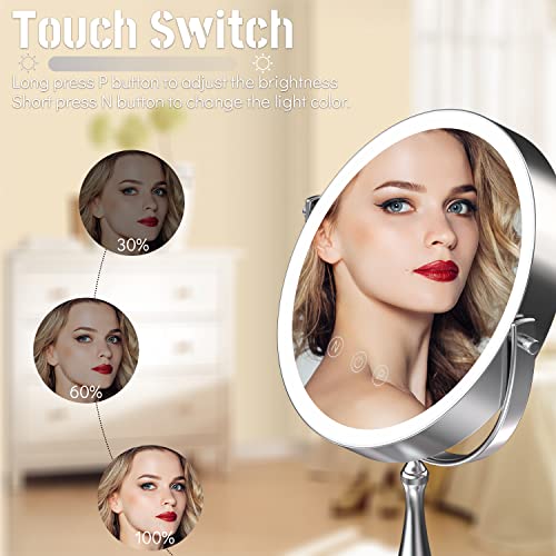 9" Large Lighted Makeup Mirror, 1X/10X Magnifying Vanity Mirror with 3 Colors Dimmable Lightning, 80 LED Lights, 360¡ÆRotation Double Sided Standing Desk Mirror