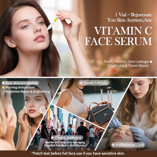 Vitamin C Face Serum with Hyaluronic Acid & Aloe Vera – Brightening & Hydrating Ampoule for Sensitive Skin, 30 Vials