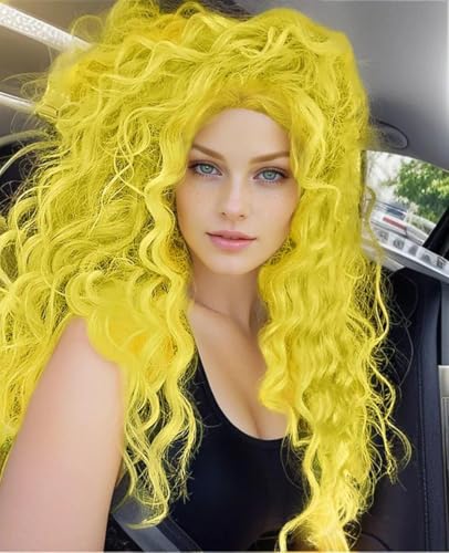 Neon Yellow Curly Wigs for Women 28 Inches Long Cosplay Party Wear