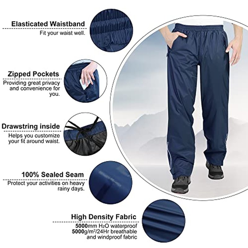 33,000ft Men's Rain Pants, Waterproof Rain Over Pants, Windproof Outdoor Pants for Hiking, Fishing