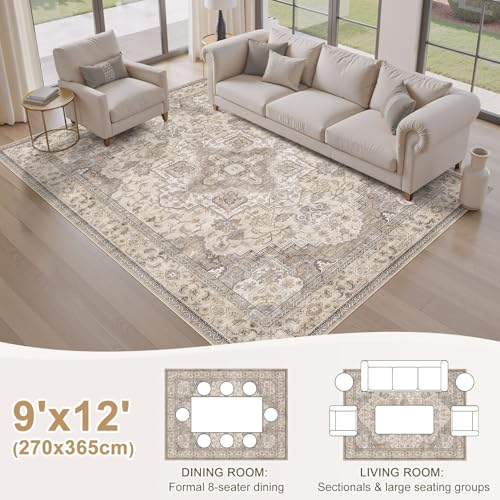 9x12 Washable Vintage Area Rug for Living Room Brown Multi - Distressed Floral