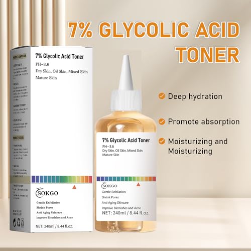 7% Glycolic Acid Exfoliating Toner, Exfoliating Facial Toner, Pore Minimizing Toner, Smooth Skin, Even Tone, Hydrating Formula