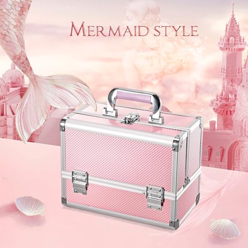 Pink Mermaid Makeup Organizer Case with Mirror & Brush Holder - 11.6"