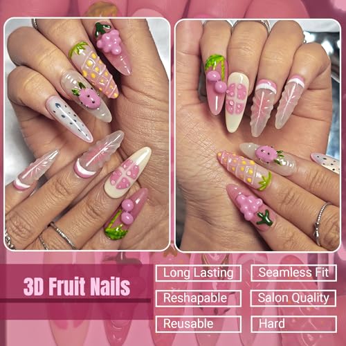 Long Almond Press On Nails with 3D Strawberry Fruit Design - Reusable Fake Nails Kit - Strawberry Feast Variation
