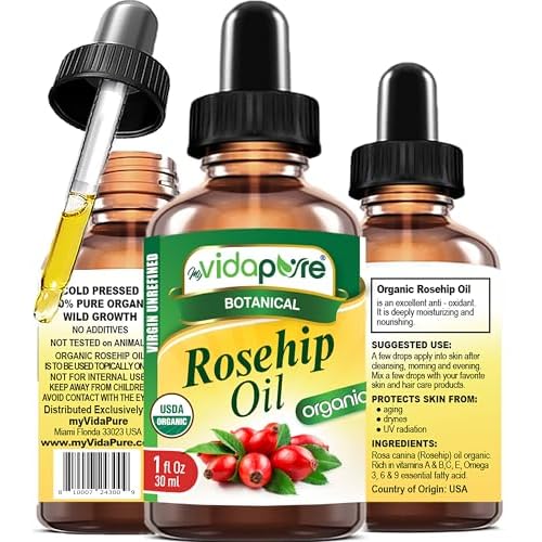 MYVIDAPURE Organic ROSEHIP OIL Certified Organic WILD GROWTH RAW Pure VIRGIN UNREFINED for Face, Body, Hair and Lip Care (1 Fl Oz)
