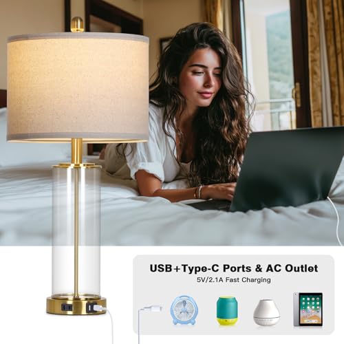Luxeflow 26-Inch Gold Glass Table Lamps Set of 2 with USB-C, Outlets & Dimmable Touch Control - Modern Bedroom & Living Room Decor