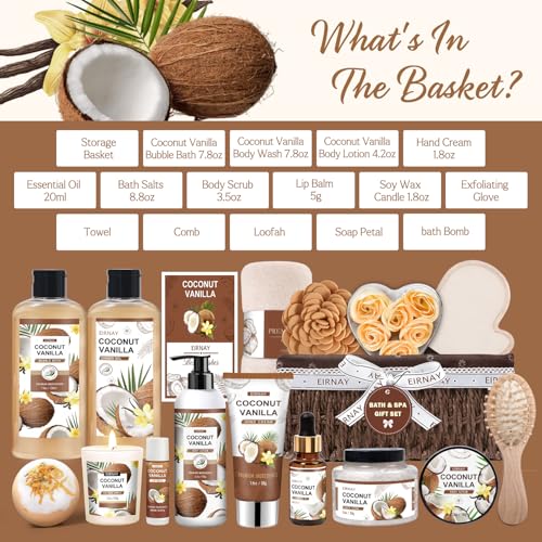 Spa Gift Set for Women - Coconut Vanilla Self Care Basket with Shower Gel & Bath Products