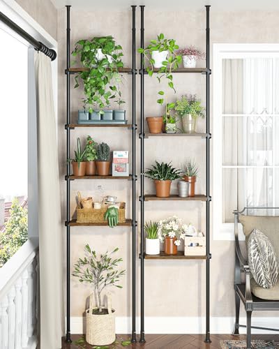 Tall Narrow Tension Mount Bookshelf - Rustic Brown 4-Tier for Small Spaces