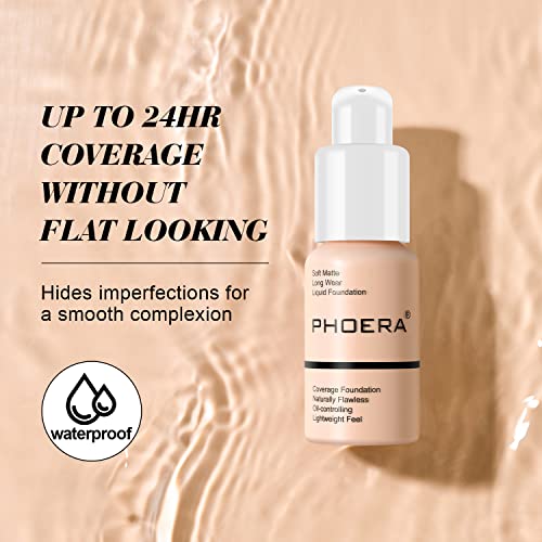 BestLand 2Pack PHOERA Foundation Full Coverage Liquid Foundation Cream - Long-lasting Lightweight Concealer - Oil-Free Formula - Natural Shade - Suitable for All Skin Types (102 Nude & 104 Buff Beige)