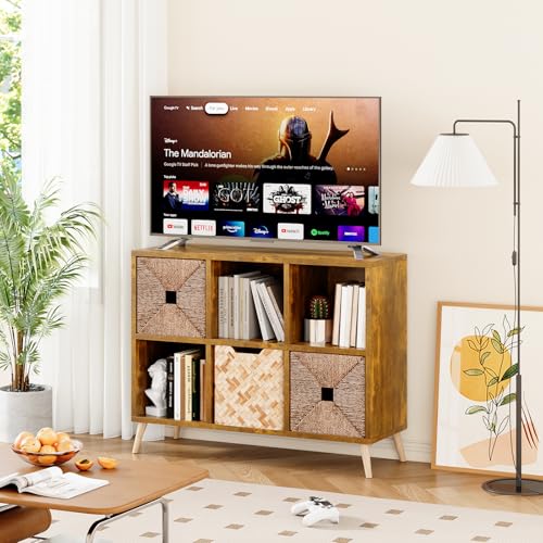 Rustic Brown 6-Cube Storage Organizer with Legs, Fits 11-Inch Bins, Modern Freestanding Bookcase
