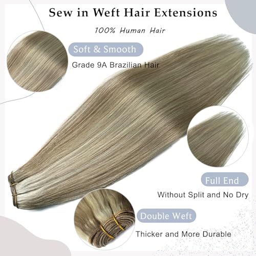 Ash Blonde Balayage Sew In Hair Extensions 14 Inch Human Hair Weft - Variation #18/60
