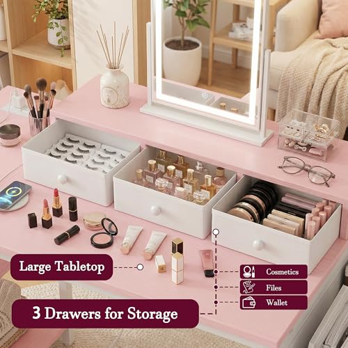 Pink 40 Inch L-Shaped Computer Desk with 3 Drawers & Power Outlets – Reversible Corner Study Table for Kids & Teens