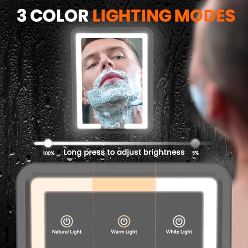 LED Shower Mirror Fogless for Shaving - Heated Fog Free, 3 Dimmable Lights, 360¡Æ Adjustable, Rechargeable, Drill Free - with Storage Tray, Razor & Shaving Brush Holders,Gifts for Men