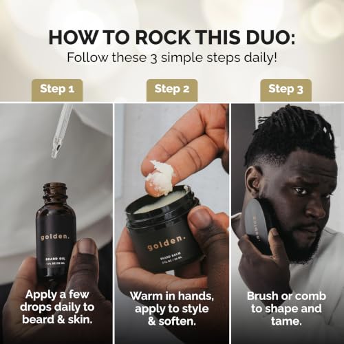 Golden Grooming Beard Bundle for Black Men - Fresh Scent - Natural Growth Kit with Balm & Oil