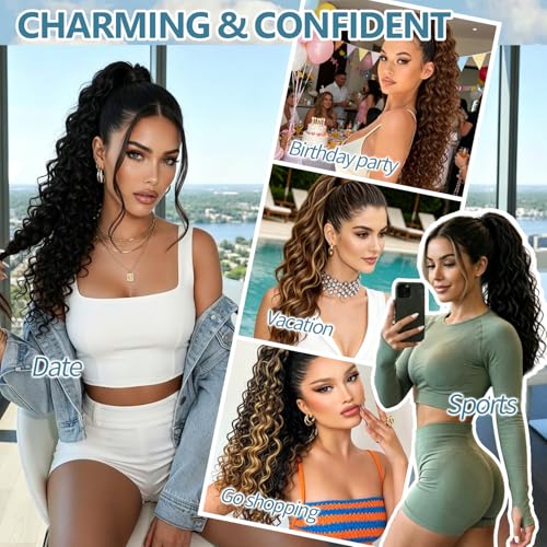 Curly Drawstring Ponytail Extension for Black Women 14 Inch P4/27 Highlight - Natural Water Wave Texture