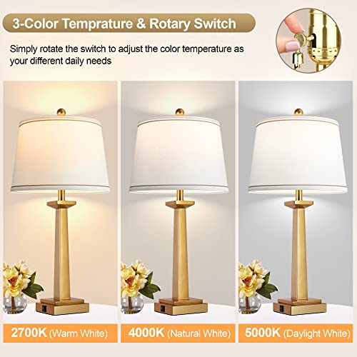 ROTTOGOON 29-Inch Gold Modern Table Lamps Set of 2 with USB Charging, 3-Color Temp Nightstand Lamps