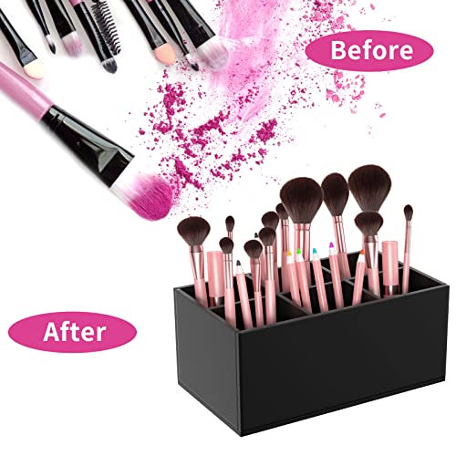HIIMIEI Black Makeup Brush Holder Organizer Acrylic 6-Slots Cosmetic Brushes Storage Organizer for Vanity Countertop