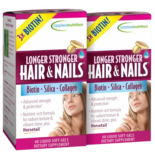 Applied Nutrition Longer Stronger Hair & Nails - 60 Liquid Soft-Gels, Pack of 2 - Biotin, Silica & Collagen - 60 Servings