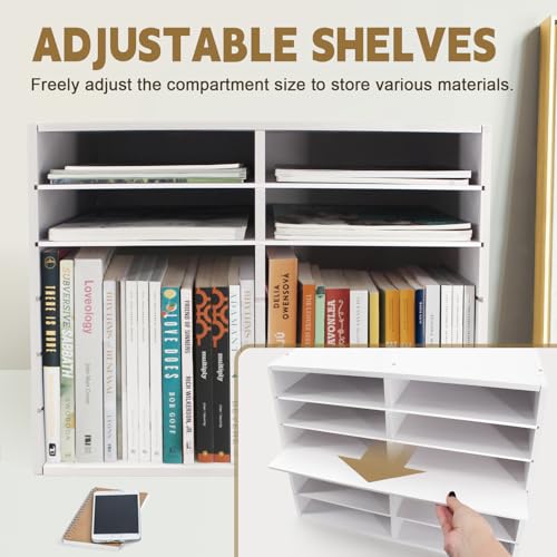 Desk Paper Storage Organizer with 12 Adjustable Compartments - Office & Classroom Literature Sorter, White