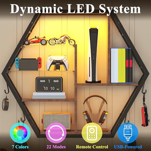 Large 39 Inch Gaming Floating Shelves with RGB LED Lights - Brown, 7.9"D
