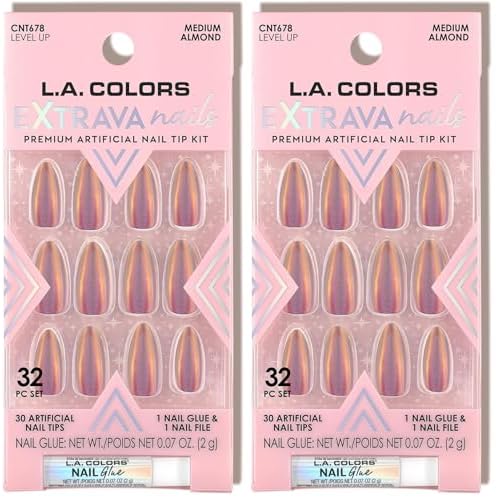 L.A. COLORS Extrava Nails Almond Nail Tip Kit, Level Up CNT678 (Pack of 2)