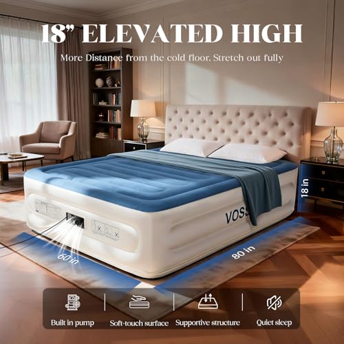 Blue Queen Air Mattress with Built-In Pump - 18 Inch Elevated Blow Up Bed