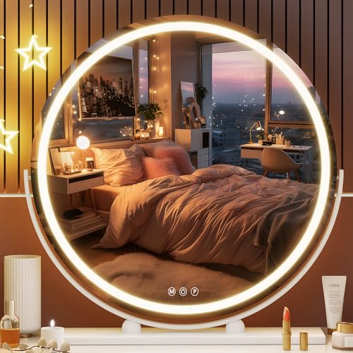 Hasipu 23.6-Inch LED Lighted Makeup Mirror with Touch Control, 3 Colors Dimmable, Round 360° Rotation, White Frame
