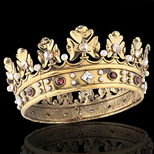 Small Size 6.1-Inch Dark Gold Crown with Champagne Stones - Vintage Royal Hair Accessory for Men & Special Occasions