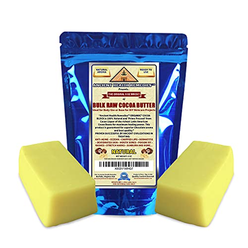 ANCIENT HEALTH REMEDIES Organic Unrefined Raw NATURAL COCOA (CACAO) BUTTER BLOCKS Bulk Size Rich Chocolate Aroma For Lip Balms Stretch Marks DIY Base for Body Butter (8oz)