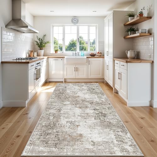 4x10 ft Beige Grey Abstract Non-Slip Washable Rug - Wide Floor Runner for Hallway & Living Room