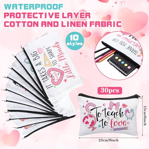 Teacher Appreciation Gift Makeup Bags - Bulk 30 Pcs Canvas Zippered Pouches with Valentine's Day Theme