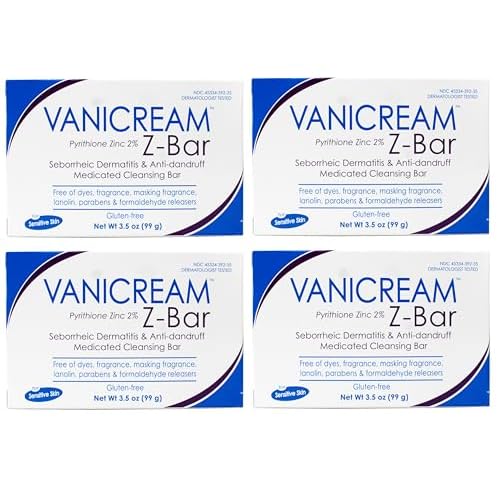 Vanicream Z-Bar Medicated Cleansing Bar, Pyrithione Zinc 2% for Seborrheic Dermatitis & Dandruff, Soap-Free, Gluten-Free, 3.5 oz (Pack of 4)