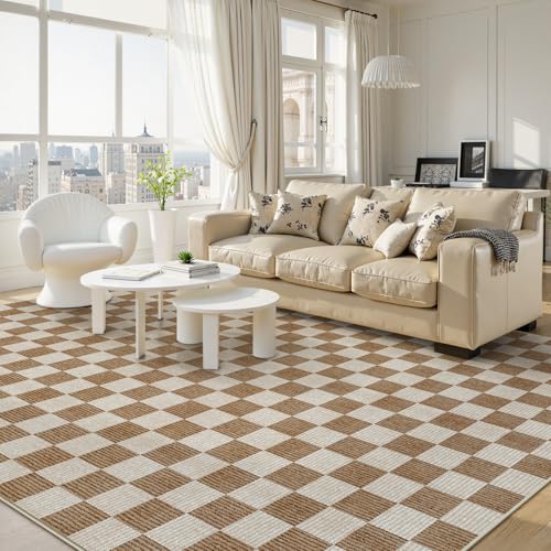 9x12 Checkered Washable Area Rug - Brown Non-Slip Living Room Carpet