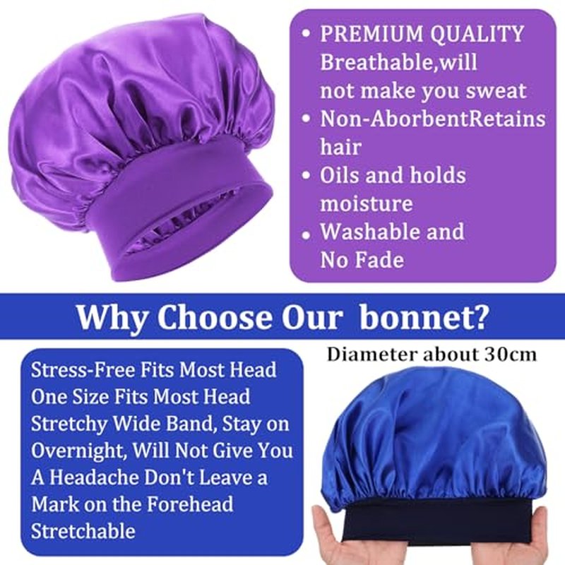 Large Satin Bonnets for Sleeping, 18 Pcs Elastic Wide Band Hair Bonnets Soft Silky Sleep Cap Solid Color Hairs Wrap Reusable Shower Cap for Black Women Curly Hair Braids