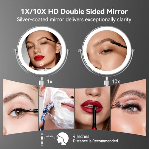 Lighted Makeup Mirror with 10X Magnification, Adjustable Height & Touch Dimming