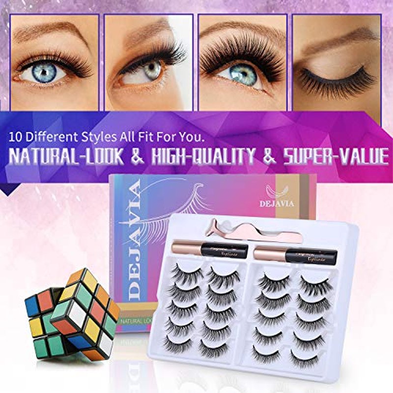 Magnetic Eyelashes with Eyeliner Kit- 10 Pairs Premium 3D Natural Look Reusable Eyelashes with Tweezers Applicator, Strong Magnetic Eyeliner and Lashes Set by DEJAVIA, No Glue Needed