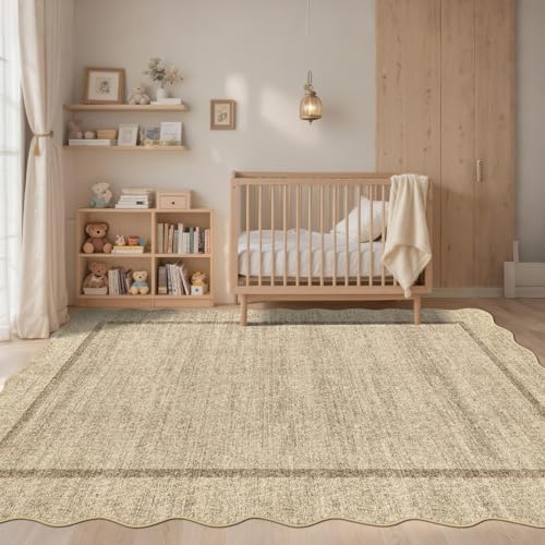 6x9 Jute Scalloped Washable Area Rug - Non-Slip Neutral Rug for Living Room