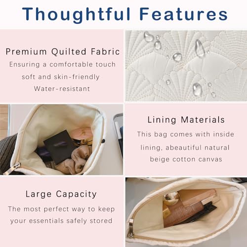 3-Pack Quilted Cotton Seashell Makeup Bags - Travel Toiletry Organizer, White (Variation 08)