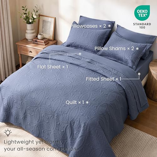 King Quilt Set with Sheets and Shams - Bluish Grey Coin Pattern, 7 Pieces, Love's Cabin
