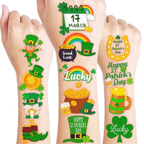 96 PCS St Patricks Day Shamrock Pre-Cut Temporary Tattoos for Kids | Super Cute Themed Birthday Party Favors, Supplies, Decorations, Lucky Fake Tattoo Stickers, School Rewards Gifts For Boys Girls