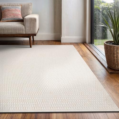Indoor Outdoor 8x10 White Jute-Style Rug - Woven Solid Fiber Boho Carpet