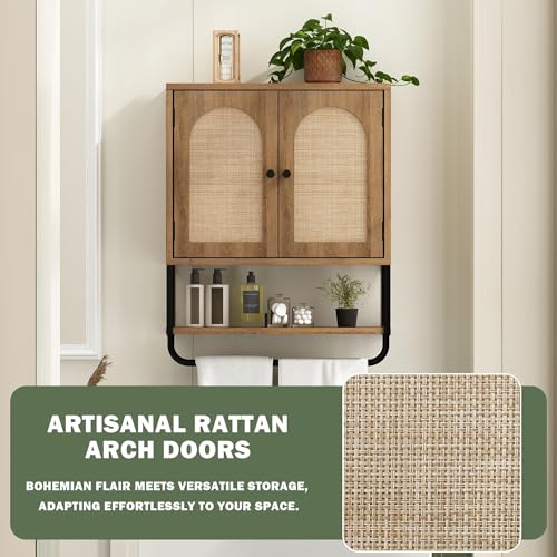 Rustown Rattan Bathroom Wall Cabinet - Natural Oak, Medium Size Over Toilet Storage