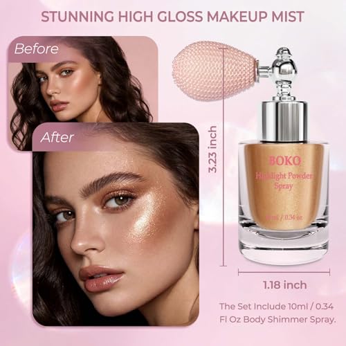 Boko Highlighter Powder Spray, Body Shimmer Spray for Glitter Highlighter Makeup, Glitter High Gloss Powders Body Shimmer Powder for Festival Concert Rave Party Daily Face Sparkle Makeup - Late Autumn