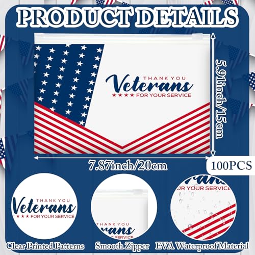 SilTriangle 100 Pcs Christmas Veterans Thank You Gift Bag Veterans Gift Bulk Red Blue EVA Cosmetic Bag American Flag Thank You for Your Service Patriotic USA Party Favors for Men Soldier
