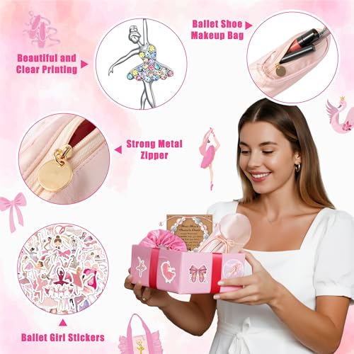 Y1tvei Ballerina Shoe Makeup Bag Set - 66Pcs Ballet Dancing Girls Satin Cosmetic Pouch Dance Stickers Sparkly Pink Ballerina Bracelet Necklace with Card Hairband, Ballet Dancer Gifts for Dance Recital