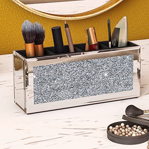Mirrored Makeup Brush Holder Organizer with Crystals - Silver, 4 Compartments