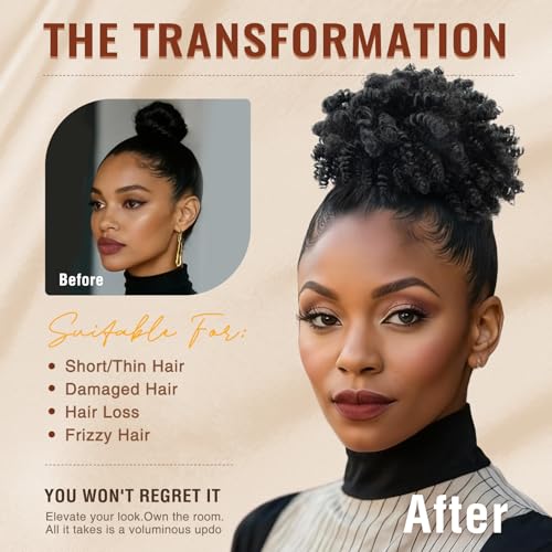 EonLuxe 04/10 Inch Dark Brown Afro Puff Drawstring Ponytail Extension for Black Women, Kinky Curly Synthetic Hair, Fluffy Protective Style