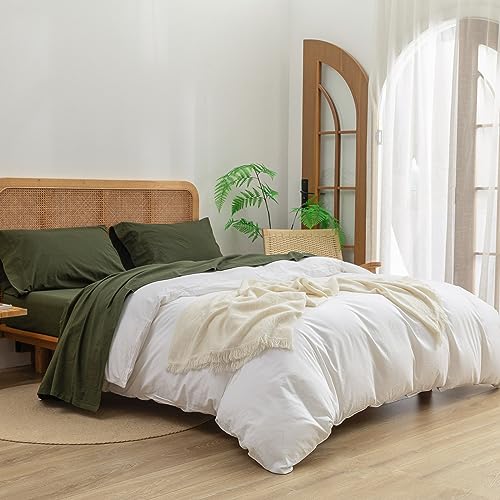 King Size Olive Green Cotton Linen Feel Sheet Set - Washed 100% Cotton, Deep Pocket
